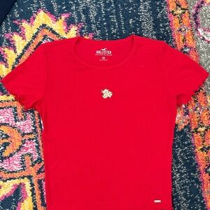 Hollister Cherry Red Tee with Daisy Embroidery XS